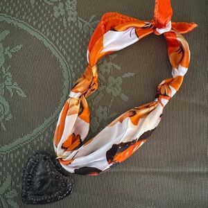 Handmade Orange and White Scarf Necklace with Heart Pendant